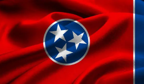 A red flag with a blue circle containing three white stars and a vertical blue stripe on the right edge.