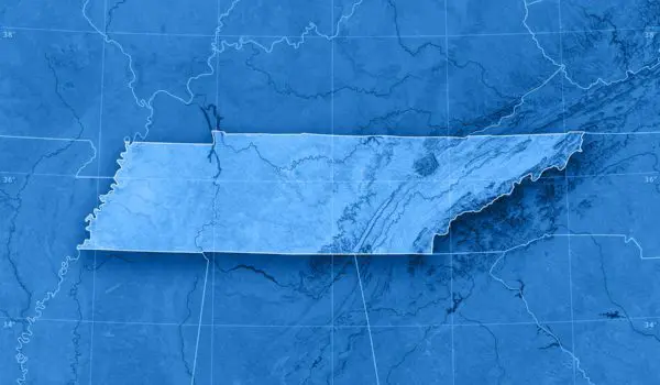 A blue-toned map highlights the state of Tennessee with topographical details.