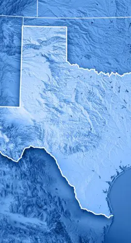 A blue-toned map highlighting the state of Texas with surrounding state borders visible.