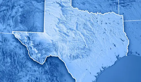 A blue-toned map highlighting the state of Texas with surrounding state borders visible.