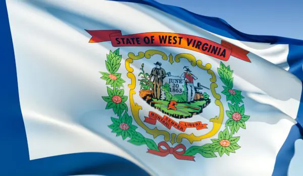 A waving flag of West Virginia with the state seal in the center.