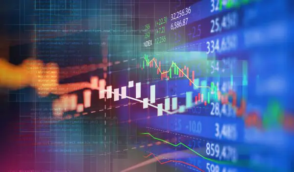 A colorful display of financial data and stock market charts with various numbers and graphs.