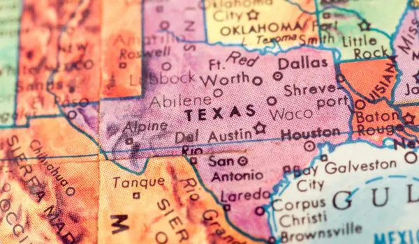 A detailed map of the state of Texas showing major cities and surrounding areas.