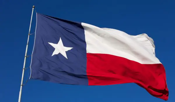 The Texas state flag, featuring a single white star on a blue vertical stripe next to horizontal white and red stripes, is shown flying against a clear blue sky.