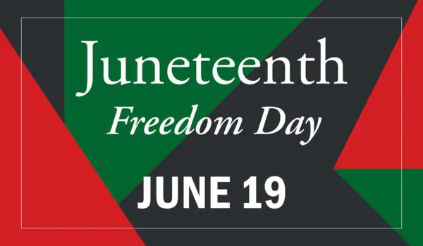 A graphic design featuring the words "Juneteenth Freedom Day" and "June 19" on a background with red, green, and black geometric shapes.