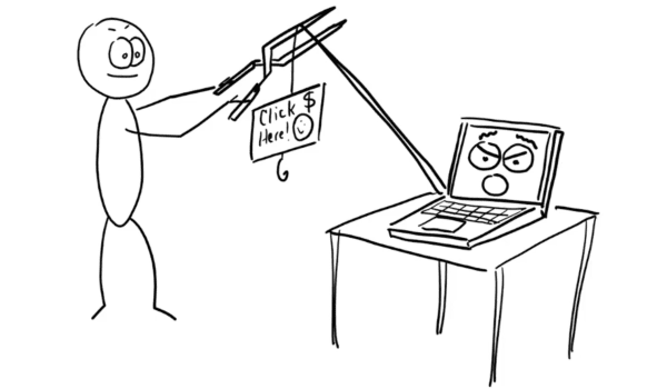 A stick figure is using a fishing rod to dangle a "Click Here!" sign in front of an angry laptop on a table.