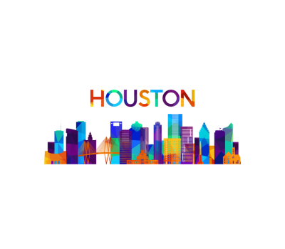 Colorful, stylized skyline of Houston with "HOUSTON" written above.