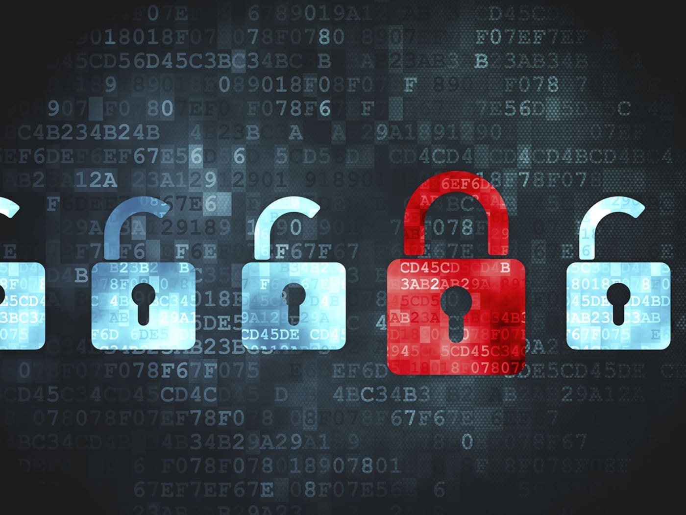 The image features a series of padlocks, with one red unlocked padlock among blue locked padlocks, set against a background of binary code and data.
