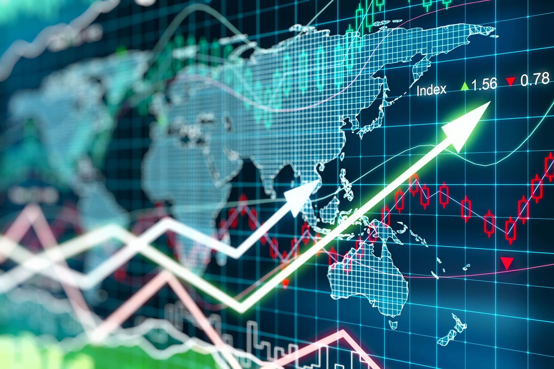 A screen displays a rising stock market graph with various global indexes, highlighting financial growth against a world map backdrop.