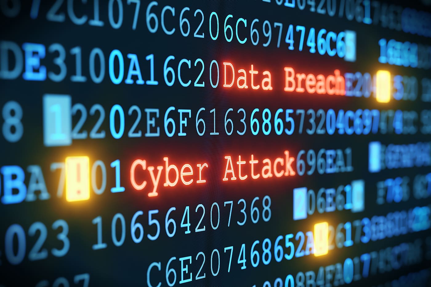 A digital screen displays a series of alphanumeric codes along with the words "Data Breach" and "Cyber Attack" in a high-contrast, blue and orange color scheme, suggesting a security breach or hacking incident.