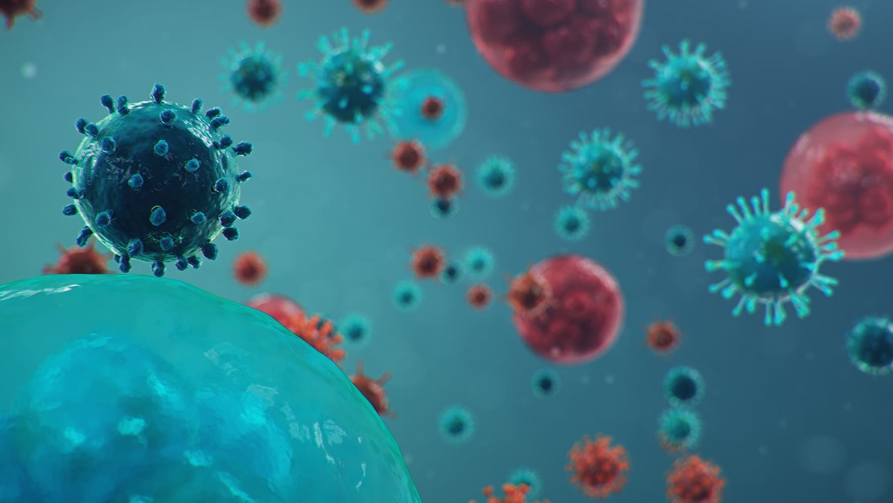 Floating viruses and cells are depicted with a variety of shapes and colors in a microscopic view.