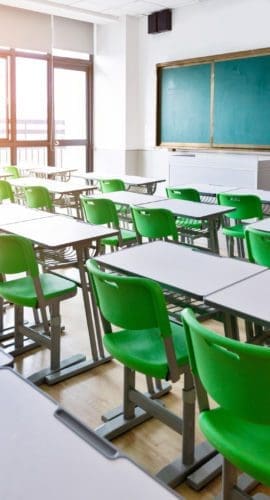 Empty Classroom With Desks And Chairs