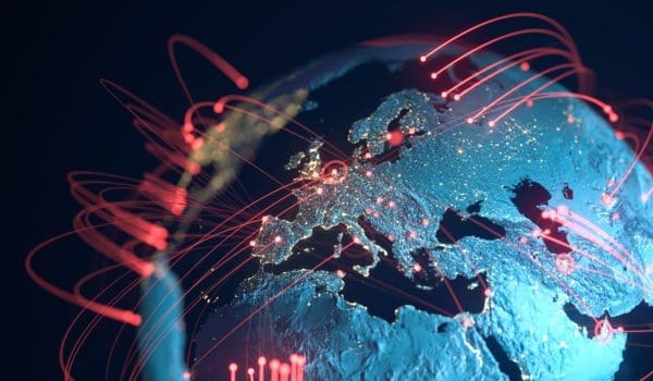 High quality 3D rendered image, perfectly usable for topics related to big data, global networks, international flight routes or the spread of a pandemic / computer virus.Textures courtesy of NASA:https://visibleearth.nasa.gov/images/55167/earths-city-lights,https://visibleearth.nasa.gov/images/73934/topography