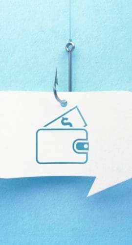 Fishing hook and digital wallet symbol drawn white chat bubble on blue background. Horizontal composition with copy space. Phishing concept.