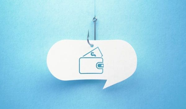 Fishing hook and digital wallet symbol drawn white chat bubble on blue background. Horizontal composition with copy space. Phishing concept.
