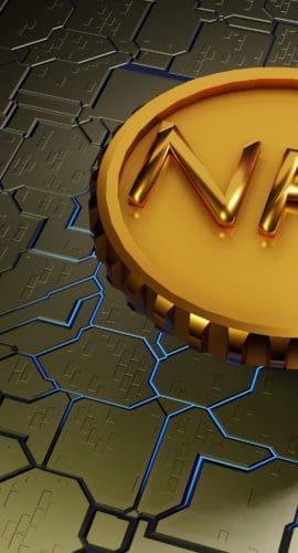 NFT non fungible token on a hard surface motherboard. Crypto currency. 3D rendering