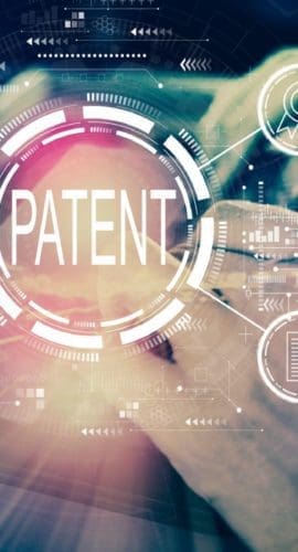 A glowing "PATENT" sign is surrounded by various technological and scientific icons.