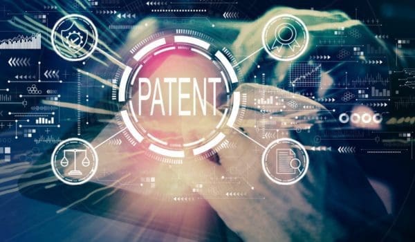 A glowing "PATENT" sign is surrounded by various technological and scientific icons.