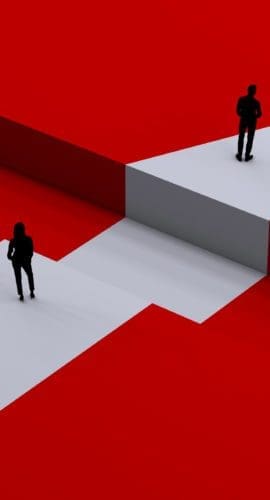 Social gap, gender difference. Man and woman career. Gap. Realizing yourself in the working world. Concept. Difficulty and success. Ups and downs in work. 3d rendering