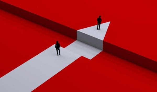 Social gap, gender difference. Man and woman career. Gap. Realizing yourself in the working world. Concept. Difficulty and success. Ups and downs in work. 3d rendering