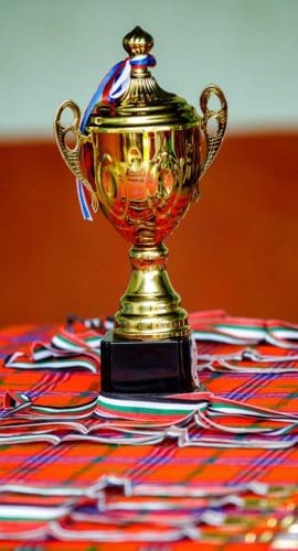 A gold trophy and medals on a table with a checkered cloth