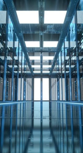 Server racks in computer network security server room data center, 3d rendering. Computer digital drawing.