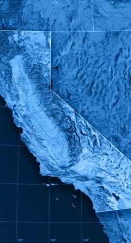 3D rendering and image composing: Topographic Map of California. Including state borders, rivers and accurate longitude/latitude lines. High resolution available! High quality relief structure!