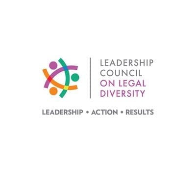 A logo for the Leadership Council on Legal Diversity features a colorful abstract design and the words "Leadership Council on Legal Diversity" alongside the tagline "Leadership • Action • Results".