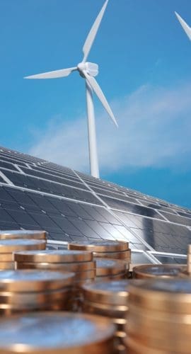 Economics of alternative energy. Money in front of solar panels and wind turbunes. 3D rendered illustration.