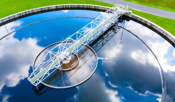 Sewage treatment plant from above. Grey water recycling. Waste management theme. Ecology and environment in European Union.