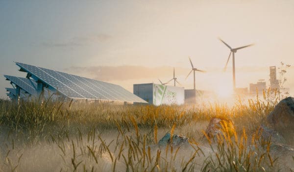 Concept of renewable energy solution in beautiful morning light. Installation of solar power plant, container battery energy storage systems, wind turbine farm and city in background. 3d rendering.