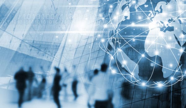 Digital global business network connection and people walking in the city with technology design