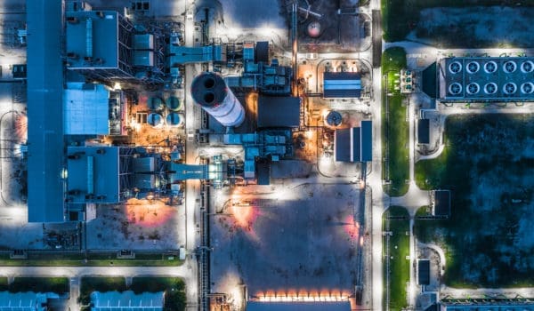 Aerial view power plant, Combined cycle power plant electricity generating station industry.