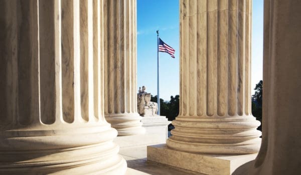The marble columns of the Supreme Court of the United States in Washington DC