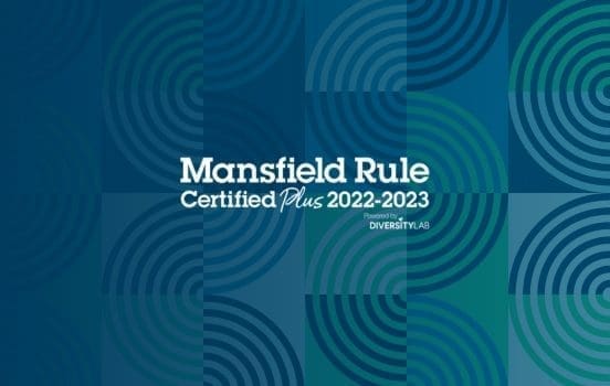 Mansfield Rule Certified Plus 2022-2023 is written in white text on a background featuring a blue and green circular pattern.