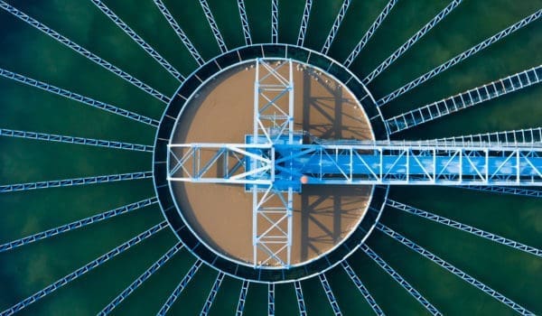 Aerial Top View of Drinking water treatment plant. Microbiology of drinking water production and distribution, water treatment plant. Microbiology of drinking water production. Morning scene,