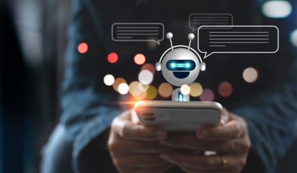 Digital chatbot, A.I., robot application, conversation assistant, AI Artificial Intelligence concept. Woman using mobile smart phone chatting with digital chatbot customer service
