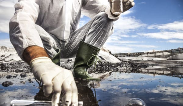 A Scientist analyze the water of a river.