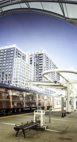 Old railcar (Pacific railways 1950) at the new Denver Union rail station.