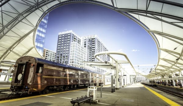 Old railcar (Pacific railways 1950) at the new Denver Union rail station.