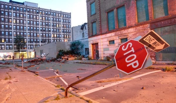 Tornado damage in downtown, Bridgeport, Connecticut