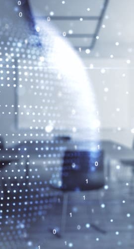 Abstract creative digital world map on a modern coworking room background, globalization concept. Multiexposure