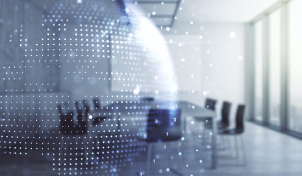 Abstract creative digital world map on a modern coworking room background, globalization concept. Multiexposure