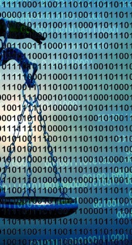 Law digital technology concept. Artificial intelligence lawyer idea with justice scales on binary code numbers background. 3D render illustration.