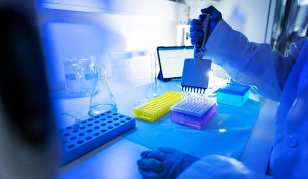 Researcher at work in DNA genetic laboratory: virus and pathogen detection
