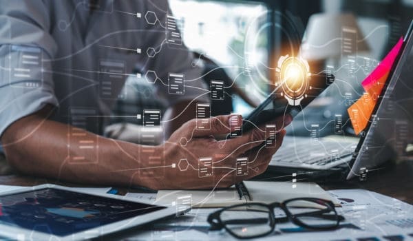 AI, neural, technology, processor, network, link, system, intelligence, innovation, ai, process. neural link technology system hud showing at center of business man. network links innovation ai processor.