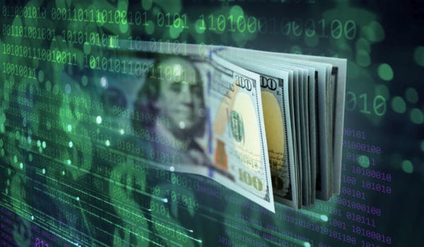 Binary code abstract background with US $100 dollar banknotes. Shallow depth of field.