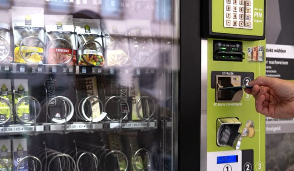 payment terminal in self-service cannabis kiosk, Marijuana Legalization and Impact on Society, Benefits and Risks, Economic Aspects, Bad Homburg, Germany - August 28, 2023