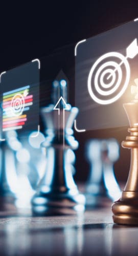 A chess on a wooden floor with success icons symbolizes the strategic planning and execution required to achieve marketing goals, represents the careful consideration and strategic thinking