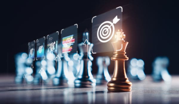 A chess on a wooden floor with success icons symbolizes the strategic planning and execution required to achieve marketing goals, represents the careful consideration and strategic thinking